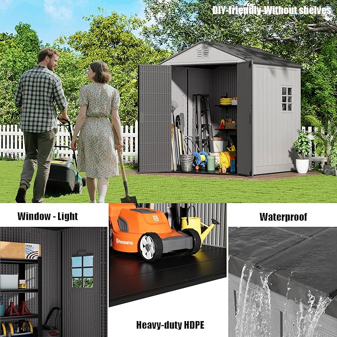 6x6 FT Storage Shed with Floor,HDPE Resin Outdoor Storage Shed Weather Resistant,Lockable Garden Sheds with Windows for Home/Garden Tools/Backyard/Lawn Mower/Bike Storage(Gray)