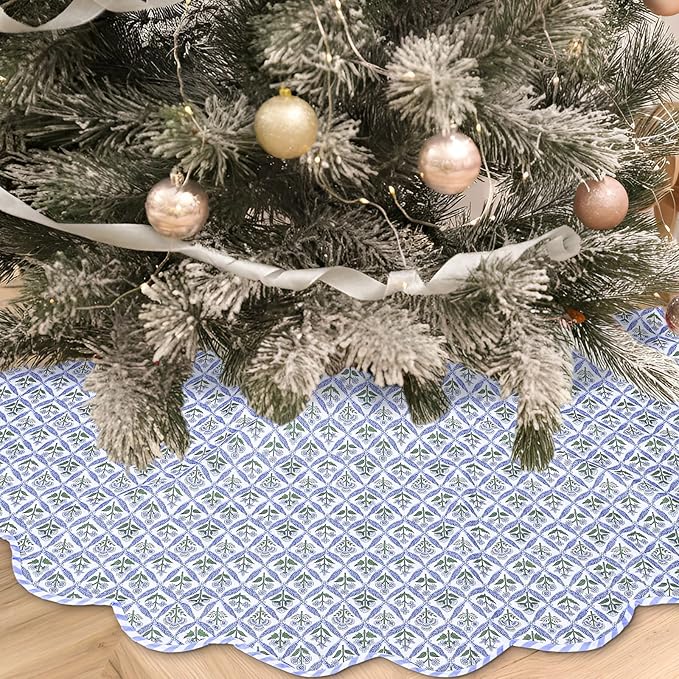 Christmas Tree Skirt Cotton Floral Block Tree Skirt in Nature Color for Home Xmas Party Seasonal Holiday Decoration Indoor Outdoor(60 Inch,Blue)