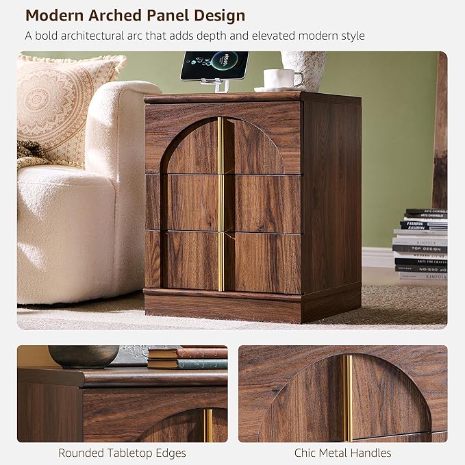 ACCOHOHO Modern Night Stand Set 2 with Arched Panel, 18" Nightstand with Charging Station, Side Table with 3 Storage Drawers, Wood Square Bedside End Table for Bedroom Living Room, Brown