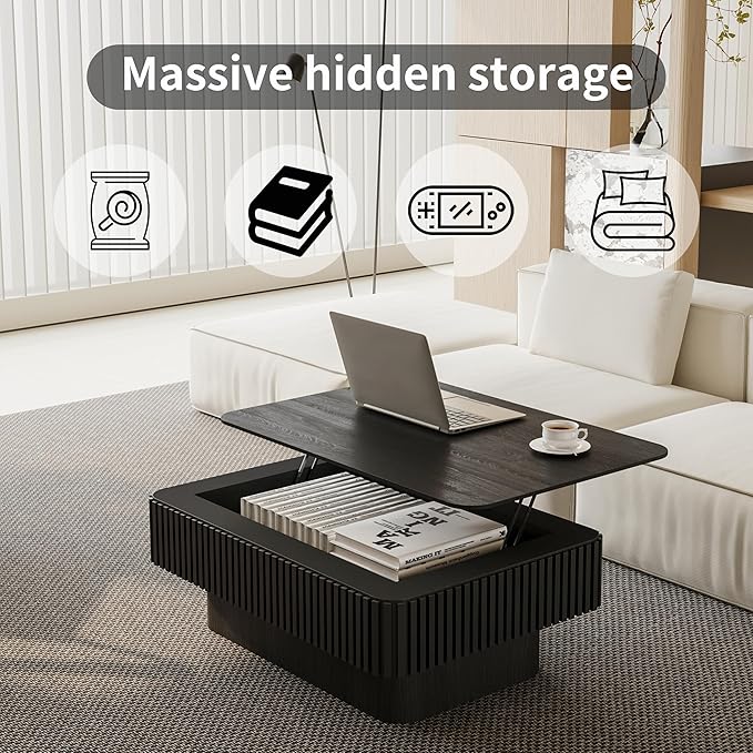 38.6" Lift Top Coffee Table, Modern Fluted Tea Table with Hidden Storage for Living Room, Apartment or Office, Black