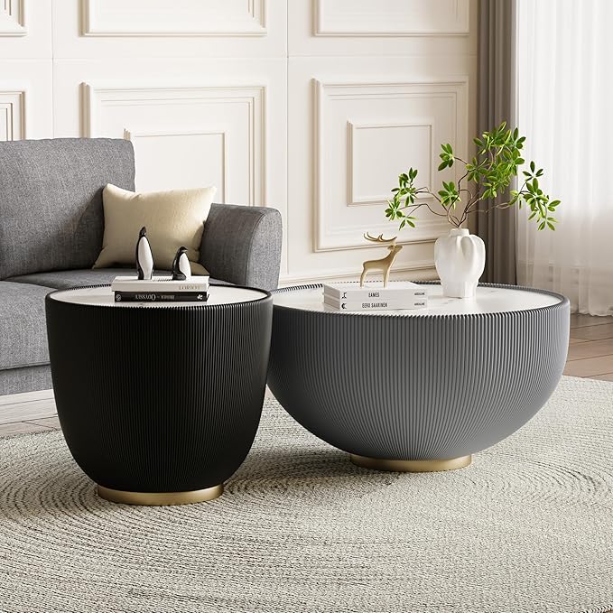 Round Living Room Table Set, 27.56" Grey Drum Center Table and 19.69" Black Coffee Table Set, 2 Pieces Coffee Table Set with Sintered Stone Tabletop, Fluted PU Leather Covered and Metal Base