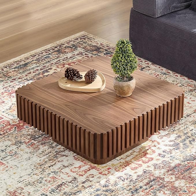 31.5" Square Coffee Table with Sturdy Base, Modern Luxury Wood Drum Center Tables,Small Wooden Accent with MDF, for Living Room, Minimalist Fluted Design-Walnut