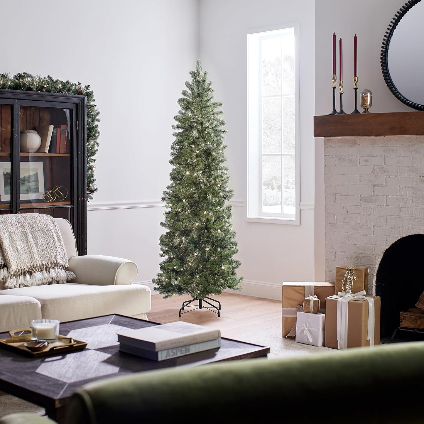 National Tree Company Pre-Lit 'Feel Real' Artificial Slim Downswept Christmas Tree, Green, Douglas Fir, White Lights, Includes Stand, 6.5 feet