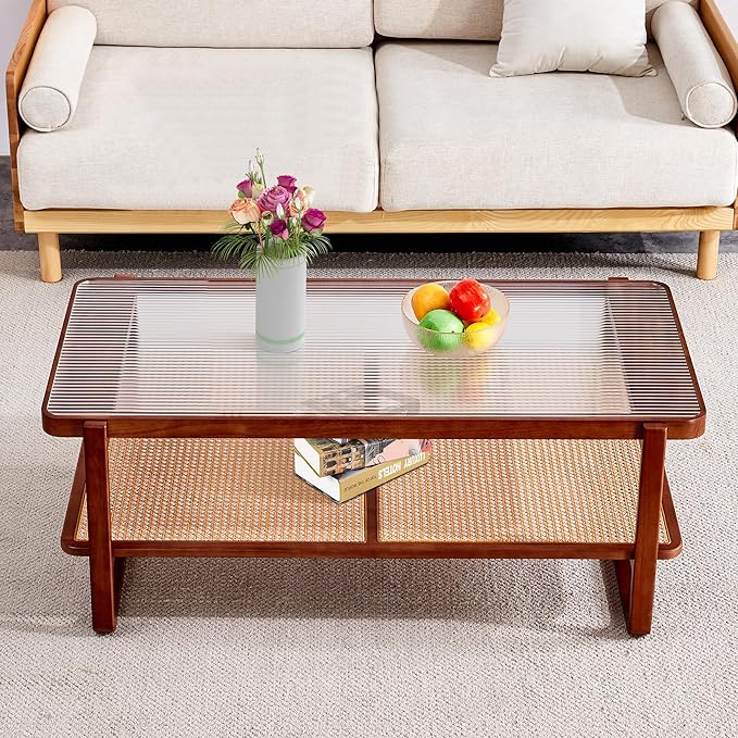 Rattan Coffee Table,Rustic Style Wooden Coffee Table,Rectangular Wood Living Table for Living Room,Glass Top Center Table with Imitation Rattan Storage Shelf
