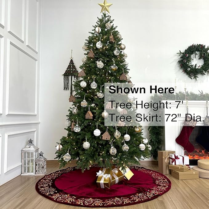 72-Inch Victorian Velvet Christmas Tree Skirt with Gold Damask Embroidery and Plush Lace Ties, Burgundy