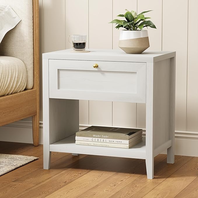 Nightstand with Storage Drawer, Farmhouse Large Bedside End Table with Open Shelf, Modern Wood Night Stand for Sofa, Bedroom, Antique White