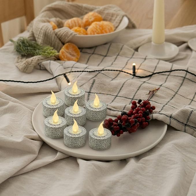 FURORA LIGHTING Silver Glitter LED Tealight Candles Pack of 12, Flameless Flickering Tealight Candles for Home Décor, 1.5’’(W) x 1.65’’(H), Battery Operated