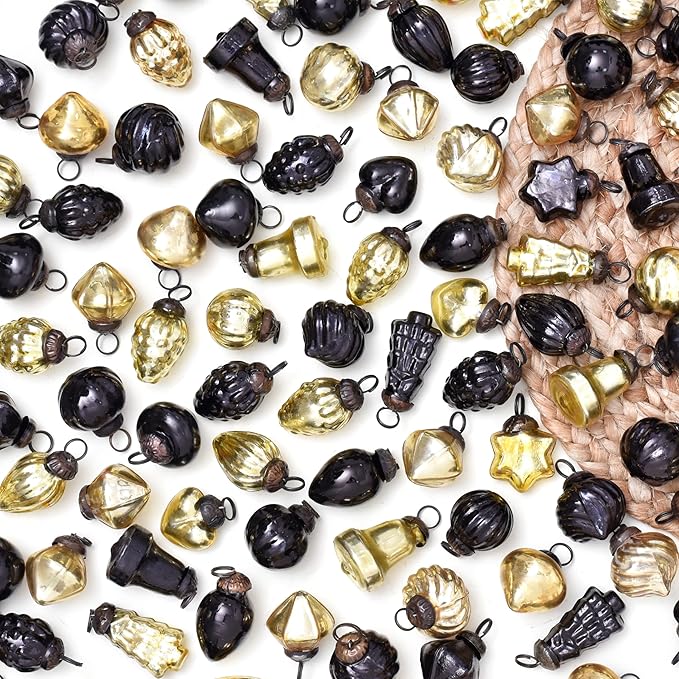 Black Gold Vintage Christmas Ornaments - 75 Piece Set - Mini Black Gold Christmas Tree Decorations