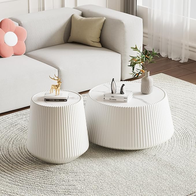 Round Living Room Table Set, 26.77" White Drum Center Table and 19.68" White Coffee Table Set, 2 Pieces Coffee Table Set with Sintered Stone Tabletop, Fluted PU Leather Covered and StableBase