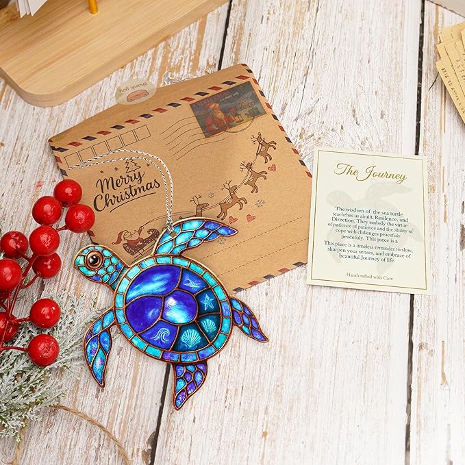 Turtle Gifts for Women, Coastal Christmas Ornaments, Turtle Ornament, Ocean-Inspired Sea Design with Blue Glow, Unique Marine Holiday Decoration and Beach-Themed Ornament Gift for Ocean Lovers