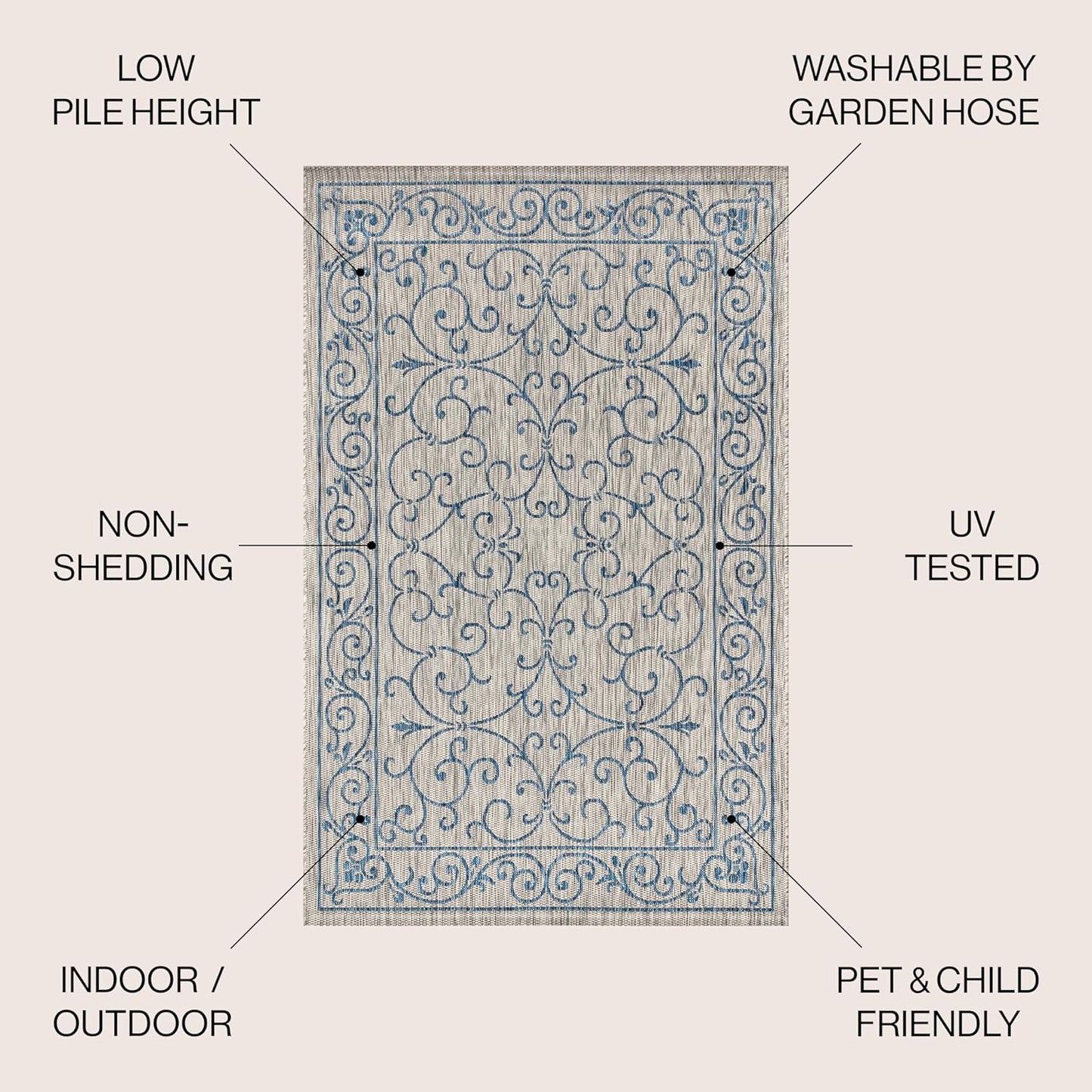 JONATHAN Y Vintage Filigree Indoor Outdoor Area Rug 9X12 Gray/Navy, Charleston Textured Weave for Backyard, Patio, Porch, Easy-Cleaning, High Traffic, Pet-Friendly, Non-Shedding (SMB106C-9)