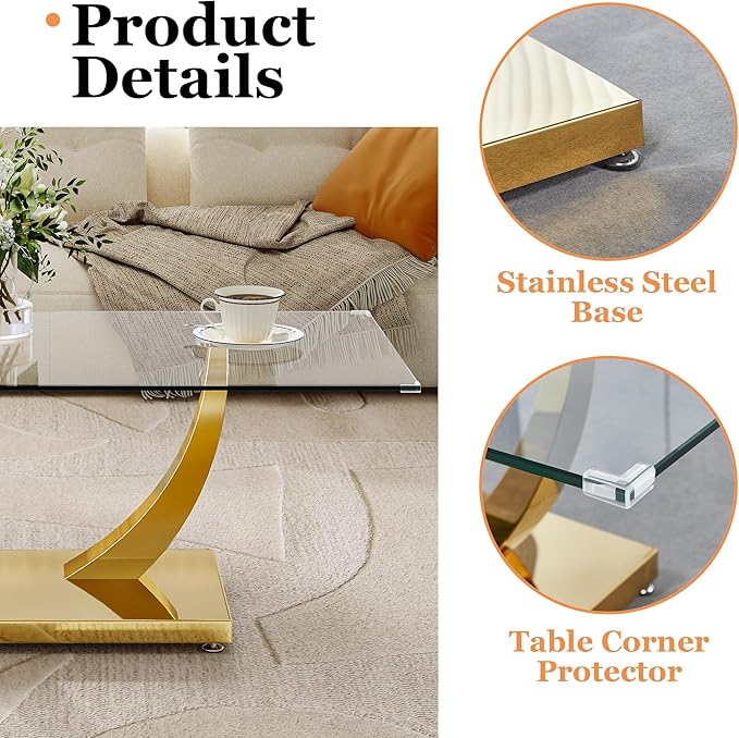 Modern Glass 3 Piece Living Room Table Set, Coffee Table Set with 1 Coffee Table and 2 End Tables, Tempered Glass Top and Gold Horn-Shaped Stainless Steel Base for Living Room, Office