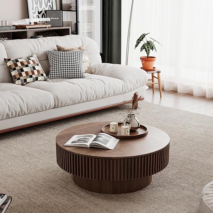 31.5" Round Coffee Table with Hidden Storage Compartment, Modern Handcraft Fluted Drum Coffee Table, Wooden Circle Center Table Cocktail Tea Table with Sturdy Pedestal for Living Room, Walnut