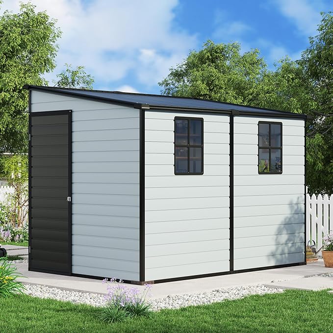Jocisland 8x6x6 FT Resin Lean to Shed with Floor, Slanted Roof Lockable Outdoor Storage Shed with 2 Windows, Weather-Resistant Plastic Structure for Garden, Backyard, Patio, Lawn – Light Blue & Black