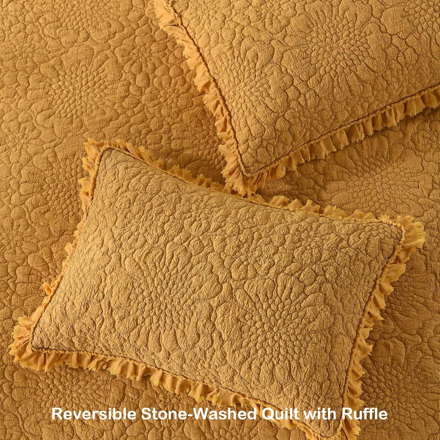 HORIMOTE HOME Yellow Ruffled Quilt Twin Size, Stone-Washed Microfiber Lightweight Crinkled Farmhouse Rustic Shabby Chic Bedding Set, 2 Pieces Reversible Bedspread with Pillow Sham for All Season