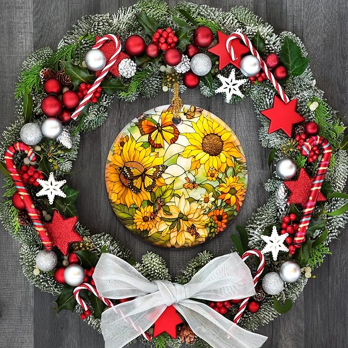 Stained Ceramic Butterfly with Sunflower Christmas Hanging Ornament for Tree Decorations Ideas