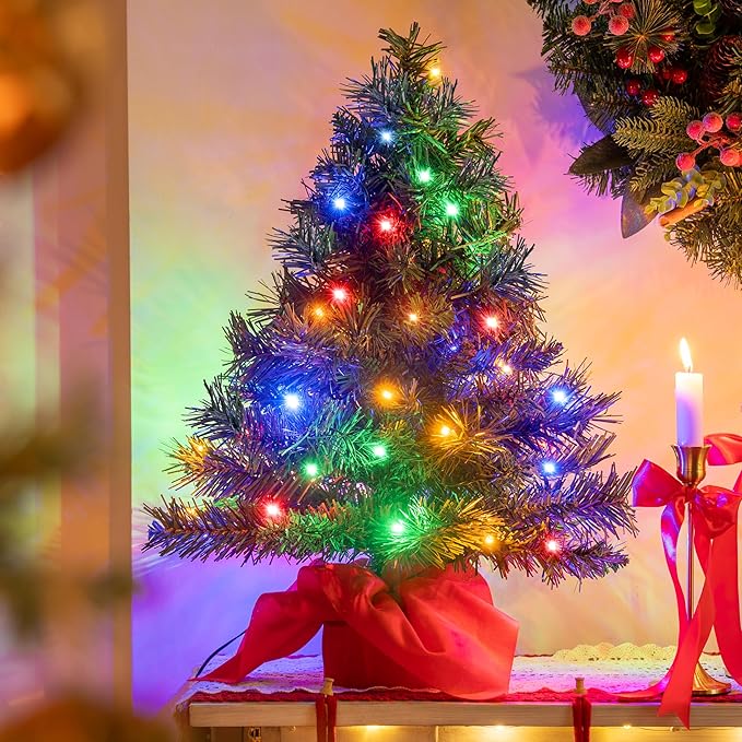 JOIEDOMI 24"/2FT Small Tabletop Christmas Tree with Multi-Color LED Lights, Table Top Christmas Decorations Pre-lit Artificial, Green Mini Lighted Tree for Xmas Decorations Indoor Party Décor