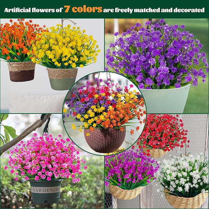 Lnoicy 20pcs Artificial Flowers for Outdoor,Plastic Flowers Decoration, UV Resistant Faux Flowers Shrubs, Artificial Plants for Indoor Outside Garden Home Wedding Farmhouse(7 Colors)