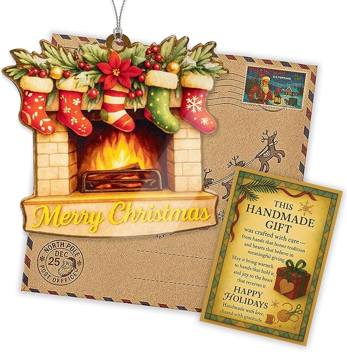 Christmas Fireplace Ornament – Holiday Decor - Christmas Stocking Ornament - Family Christmas Keepsake – Christmas Ornament 2025 – Suncatcher Effect Window Hanging