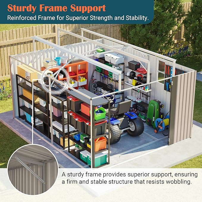 10x12 FT Metal Storage Shed with Floor Frame, Heavy-Duty Outdoor Storage Building with Diamond Roof, 4 Air Vents, Transparent Window & Lockable Double Doors, Snow-Resistant Backyard Garage Shed