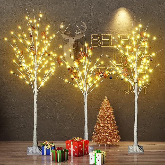 AWQM 4 Feet 5 Feet and 6 Feet Lighted Cherry Blossom Tree, Pack of 3, 200 LED Lights 24 Maple Leaves 24 Balls, for Home, Festival, Party, and Christmas Decoration, Indoor and Outdoor Use (White)