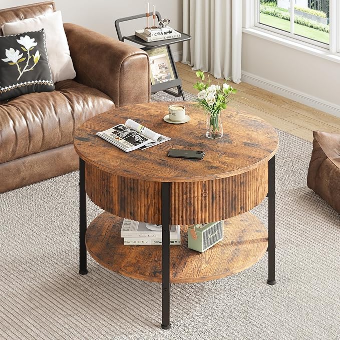 26.77” Small Coffee Table, Round Fluted Lift Top Coffee Table with Storage, Rustic Central Table with Lift Tabletop for Living Room, Home Office, Brown