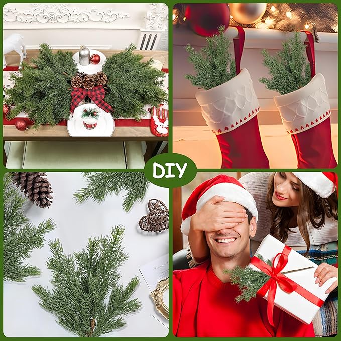 Artgar 6 Pcs Christmas Pine Branches – 18" Realistic Artificial Greenery Pine Stems - Real Touch Faux Cedar Picks for Vase, DIY Garland Wreath Home Indoor Outdoor Xmas Decorations
