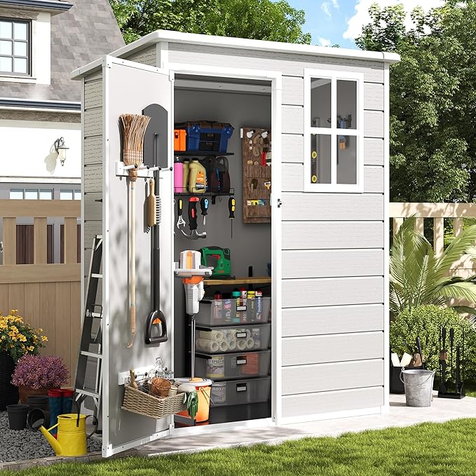 Amopatio Outdoor Storage Shed with Floor,5x3 FT Lockable Plastic Tool Shed with Ventilation,Waterproof Resin Garden Sheds for Backyard,Patio,Lawn and Bike Bedge
