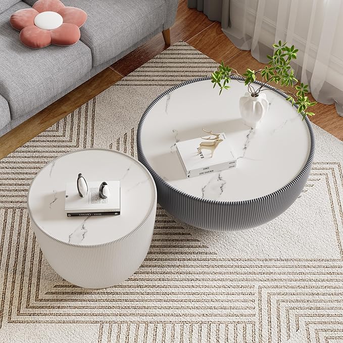 Round Living Room Table Set, 27.56" Grey Drum Center Table and 19.69" White Coffee Table Set, 2 Pieces Coffee Table Set with Sintered Stone Tabletop, Fluted PU Leather Covered and Metal Base