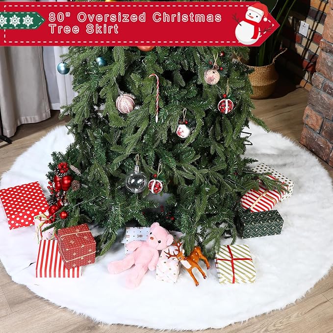 Jenaai 80 Inches Large Christmas Tree Skirt Extra Faux Fur Xmas Tree Skirt White Plush Velvet for Christmas Decorations for Home Party Winter Holiday