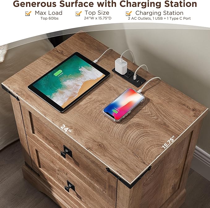 T4TREAM 24" Farmhouse Nightstand with Charging Station Set of 2, Large End Table with 2 Storage Drawers, Rustic Wood Sofa Bedside Table for Bedroom, Light Knotty Oak
