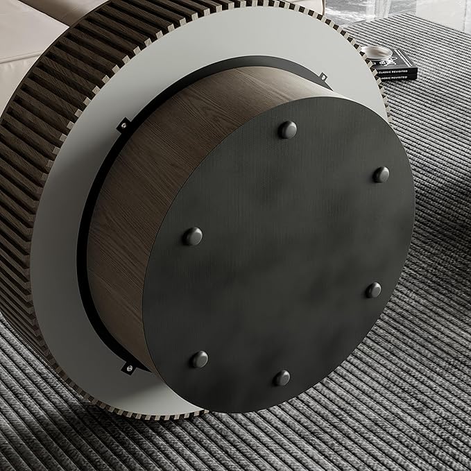 31.5" Round Coffee Table with Hidden Storage Compartment, Modern Handcraft Fluted Drum Coffee Table, Wooden Circle Center Table Cocktail Tea Table with Sturdy Pedestal for Living Room, Grey