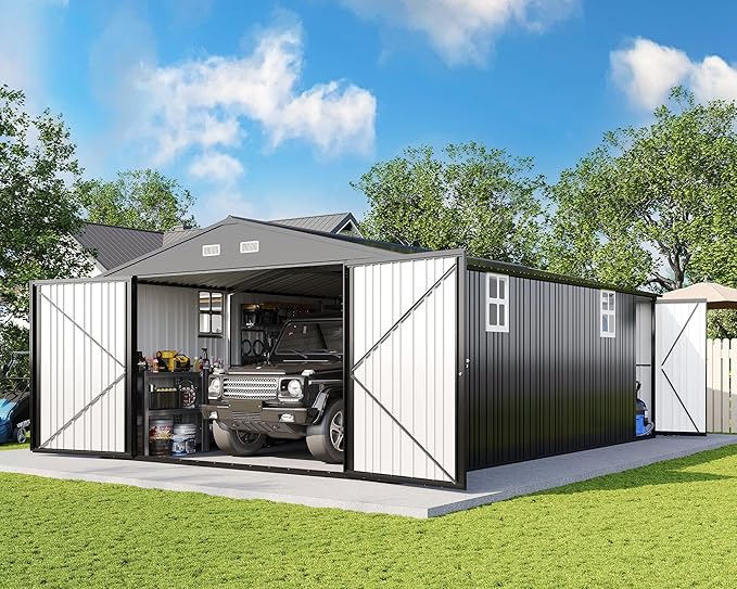 AMERLIFE 13x21x8.4 FT Outdoor Metal Garage Shed, Extra Large Storage Shed with Double Hinged Doors & 4 Windows, Carport for Car, Boat, Truck and Equipment Storage, Dark Gray