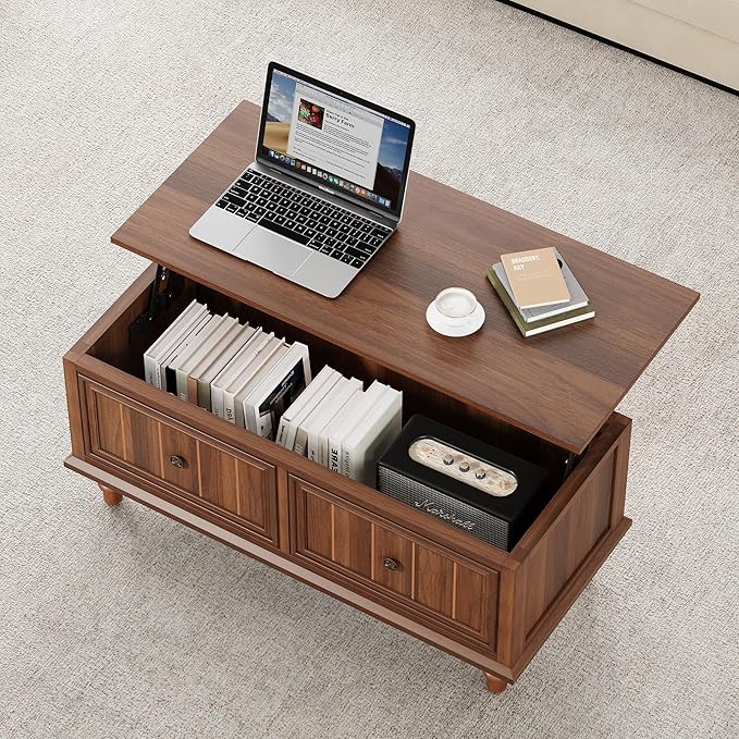 Lift Top Coffee Table with Storage, 39" Wood Rectangular Center Table with Lifting Top, Sturdy Space-Saving Dining Table for Living Room Home Office Small Space (Walnut)