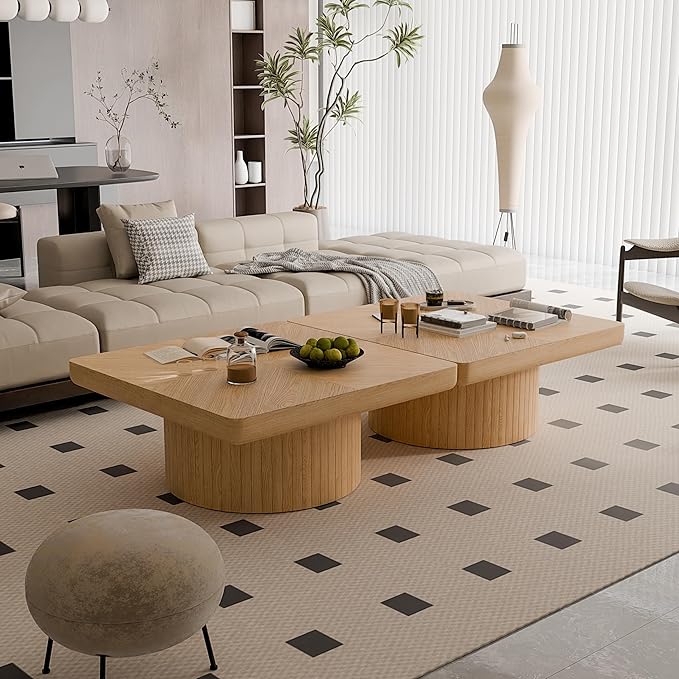 Square Coffee Table with Round Wood Pedestal Coffee Tables for Living Room, Modern Rustic Center Table Easy Assembly Natural-ø34.6"&ø34.6 ø14.9