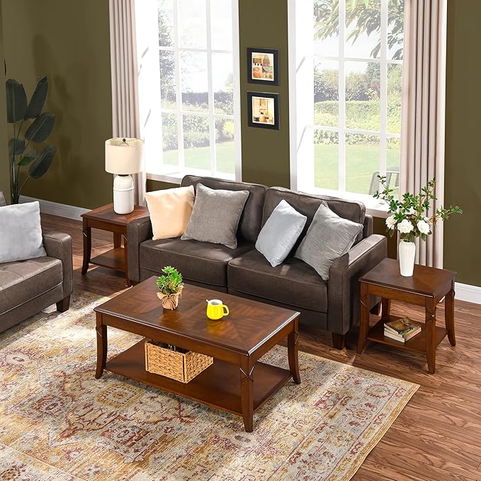 2-Set Solid Wood Side Table with Storage Shelf, Cherry Wood End Tables Living Room, Traditional Style End Table, Vintage Beside Table with Curved Legs for Apartment, Cherry Walnut Accent Table