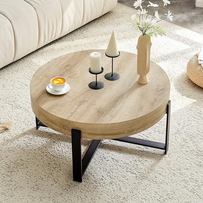 LKTART 31.5'' Round Coffee Table for Living Room, Modern Wood Handcraft Drum Coffee Table with Storage, Stainless Steel Legs Tea Tables, Apartment Small Space, Natural Wood