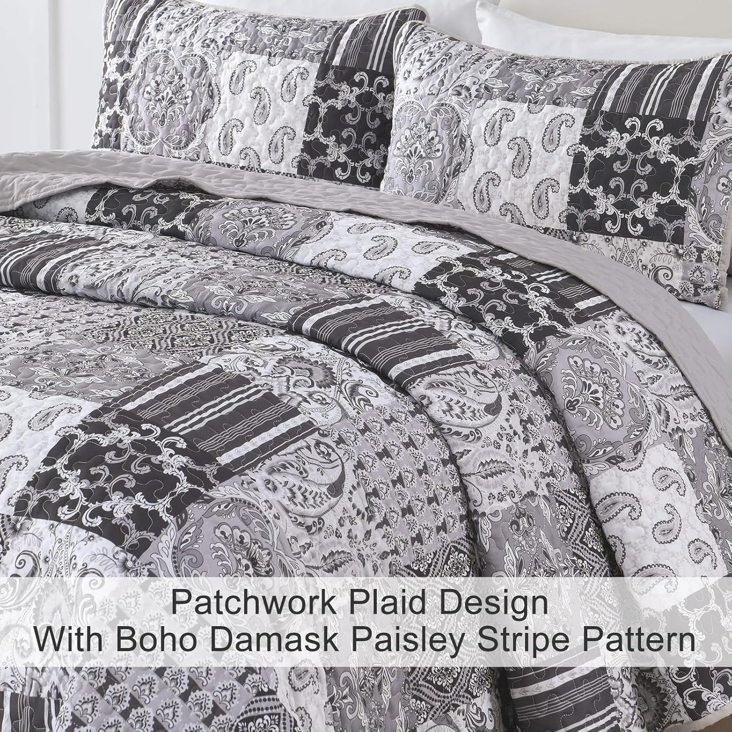 WONGS BEDDING Grey Quilt Set King Size, Patchwork Plaid Bedspread Bedding Sets Soft Microfiber Boho Quilts for King Bed 3 Pieces Coverlet Set for All Season (104"x90")