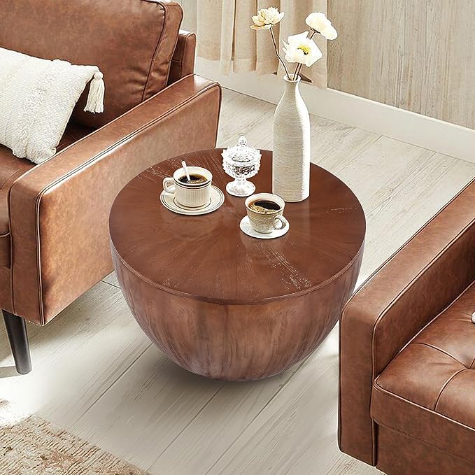 31.50" Vintage Style Bucket Shaped Coffee Table, Drum Coffee Table for Office, Dining Room and Living Room, Brown