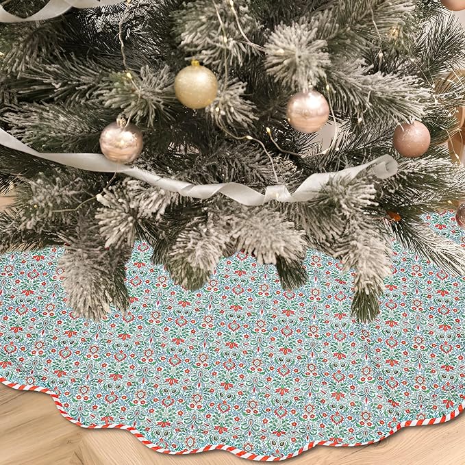 Christmas Tree Skirt Cotton Floral Block Tree Skirt in Nature Color for Home Xmas Party Seasonal Holiday Decoration Indoor Outdoor(60 Inch,Green)