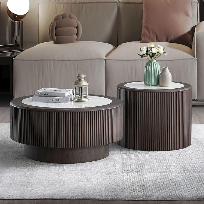 Round Coffee Table with Marble Tabletop for Living Room Mid Century Modern Fluted Circle Coffee Table with Pedestal Wood Center Tables Accent Tea Table for Apartment, 31.5'' Dark Brown
