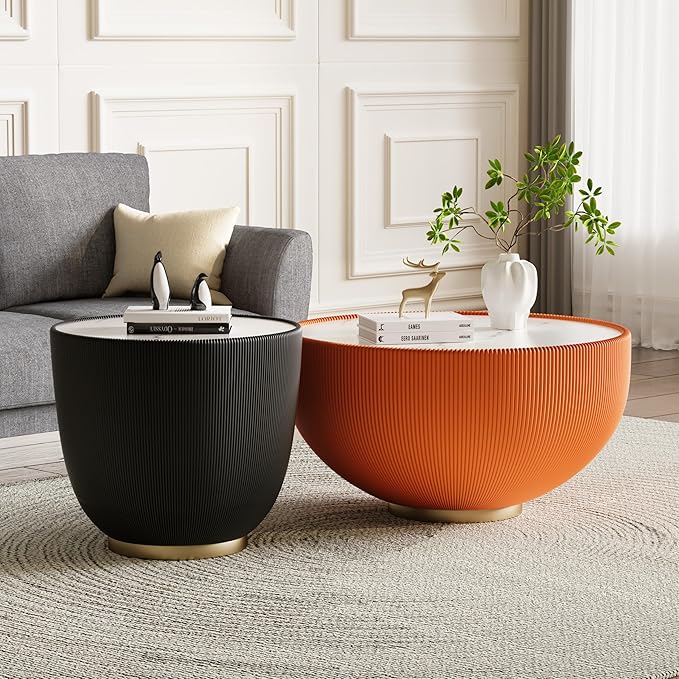 Round Living Room Table Set, 29.53" Orange Drum Center Table and 19.69" Black Coffee Table Set, 2 Pieces Coffee Table Set with Sintered Stone Tabletop, Fluted PU Leather Covered and Metal Base