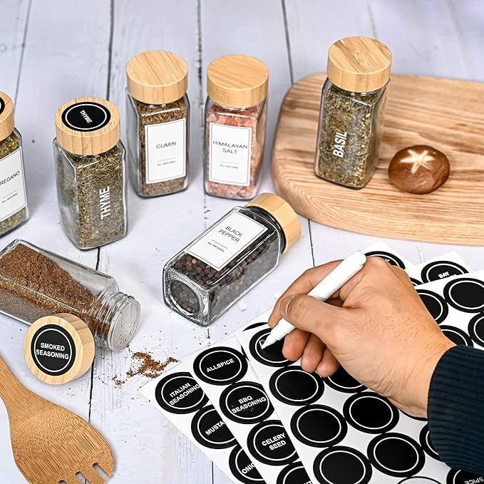 Set of 24 Glass Spice Jars with Various Labels, Bamboo Shaker Lids & Funnel, Kitchen Storage Jars with Airtight Lid, Spices & Seasonings Sets Organizer, Spice Containers, Glass Jar Food Canister