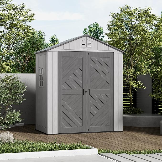 6x3.6 FT Storage Shed with Floor,HDPE Resin Outdoor Storage Shed Weather Resistant,Lockable Garden Sheds with Windows for Home/Garden Tools/Backyard/Lawn Mower/Bike Storage(Gray)