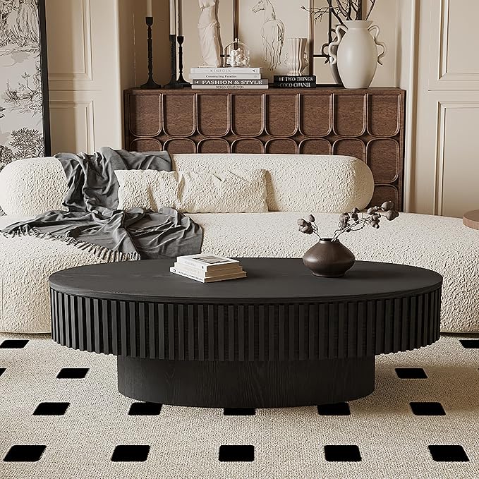 47" Oval Coffee Table with Hidden Storage Compartment, Modern Handcraft Fluted Drum Coffee Table, Wooden Oval Center Table Cocktail Tea Table with Sturdy Pedestal for Living Room, Black