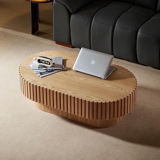 WILLIAMSPACE 43.7" Oak Oval Coffee Table, Mid Century Modern Luxury Wood Drum Center Table for Living Room, Handcraft Accent Side Tea Table for Apartment, 43.7"*24.8"*13.78"H (Oak)