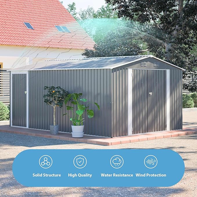 10x14 FT Extra Large Outdoor Metal Storage Shed with Side Door & Floor Frame, Lockable Double Doors, Heavy Duty Waterproof Garden Tool Shed for Backyard, Lawn Equipment, Patio & Utility Storage