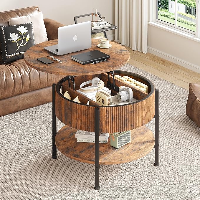26.77” Small Coffee Table, Round Fluted Lift Top Coffee Table with Storage, Rustic Central Table with Lift Tabletop for Living Room, Home Office, Brown