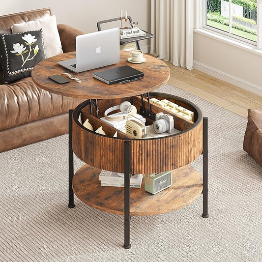 26.77” Small Coffee Table, Round Fluted Lift Top Coffee Table with Storage, Rustic Central Table with Lift Tabletop for Living Room, Home Office, Brown
