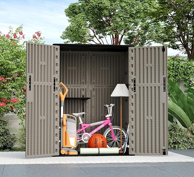 ZZM 57 Cu.ft Outdoor Storage Shed with Floor HDPE Double-Wall Resin Sheds Outdoor Storage, Lockable Weatherproof Storage Cabinet Fit for Garden Tools, Garage can, Bike, Patio Furniture, Coffee
